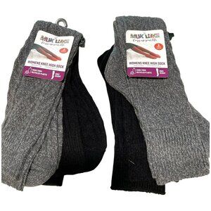 Muk Luks 4 Pairs Knee High Socks 2 Pair Pack Fits Shoe Sizes 6-11 Gray & Black